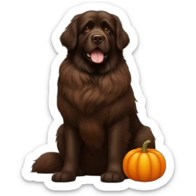 brown newfoundland dog with a pumpkin sticker
