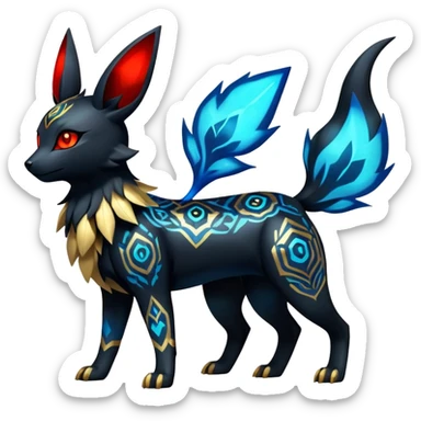 Shiny Exotic Badass Colorful Ethereal Royal Mysterious Gothic Umbreon-Jolteon-Litten-Pokémon-Fakémon-hybrid-creature (full body) with pattern-markings sticker