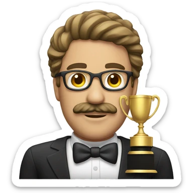 mustached man with winner trophy sticker