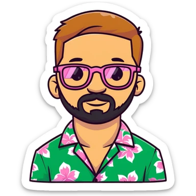 man with light skin tone, short light brown hair and beard, wearing a Hawaiian shirt and pink glasses sticker