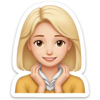 Girl with tired eyes and a smile holding her neck  sticker