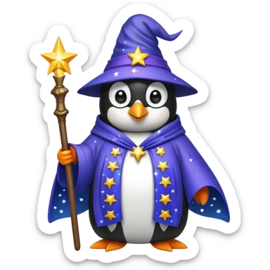 penguin wizard with a starry robe and glowing eyes sticker