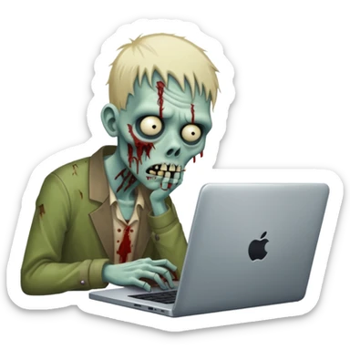 A tired sad zombie behind a laptop sticker