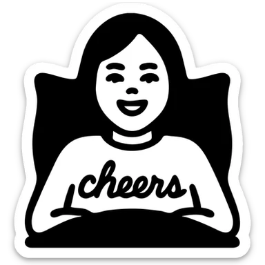 A woman with shoulder-length black hair, light to medium skin tone, full cheeks, and almond-shaped eyes, wearing a white sweater with the word 'cheers' in gold script, lying comfortably on a bed with soft lighting, joyful and radiant expression sticker