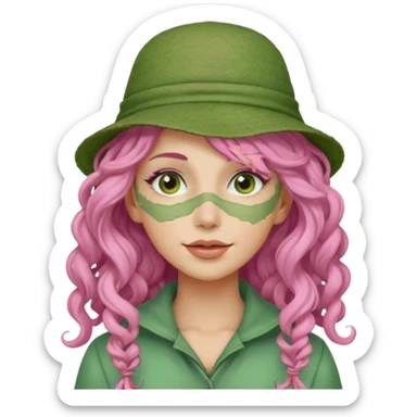 pink haired very long curly haired woman with full full face green clay mask and a hat sticker