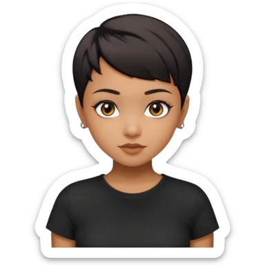 A girl with black short pixie haircut cut, dark brown eyes that almost look like black, caramel tone skin colour. Wearing a black t-shirt.  sticker