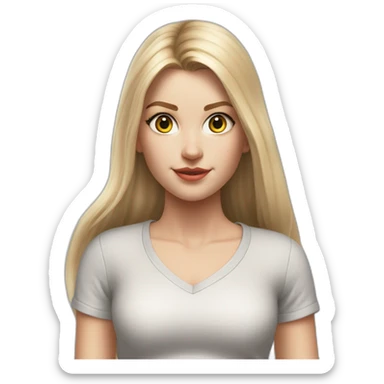 hyperrealist caucasian girl, long straight blonde hair, white v-neck laced crop top, grey tight micro skirt, walking towards camera sticker