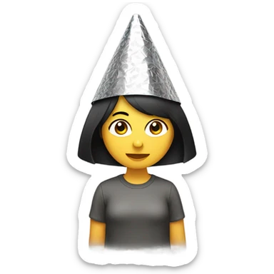 Girl with black hair wearing an aluminum foil cone hat sticker