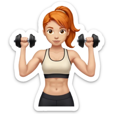 Ginger gym girl standing sideways with dumbbells and cream tank top sticker