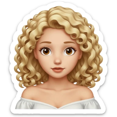 exaggerated features of woman with curly long blond hair, brown eyes, wearing an off-shoulder top,  sticker
