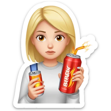 female student holding Burn energy drink can, tired face sticker