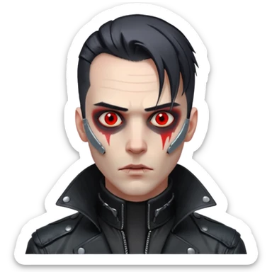 Cyberpunk man, slicked hair, silver metal jaw prosthetic, glowing red eyes, cold expression, clinical lighting sticker