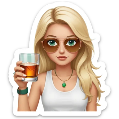 girl with long blond hair
with blue eyes
and aviator sunglasses
wearing white tank top 
holding a glass of whiskey 
wearing (rose gold apple watch with forest green band) sticker