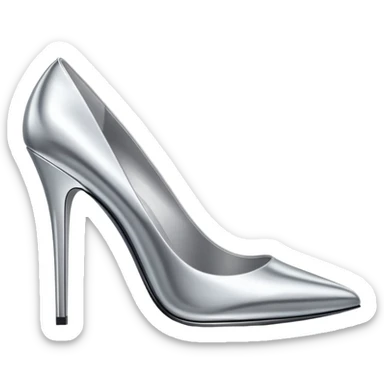 A pair of high heel shoes emoji made of polished silver chrome, elegant sharp silhouette, smooth metallic surface, glossy reflections, luxury sexy vibe, minimalistic iOS emoji style, centered, clean white background sticker