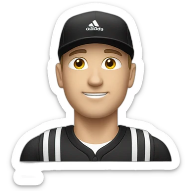 white man with a black adidas cap that has a white logo sticker