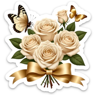 A bouquet of white Ascott tea roses next to a beige aesthetic and a brown beautiful butterfly and a gold silk ribbon sticker