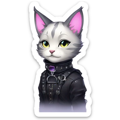 Gorgeous sparkly epic magical gradient gothic dark techwear anime style anthro cat with blushing face aesthetic and pretty edgy black with collar and harness trending style sticker