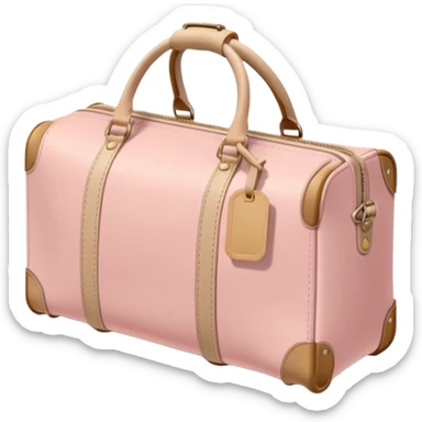 Pastel pink luggage tag attached to a beige leather duffle bag, soft shadows sticker