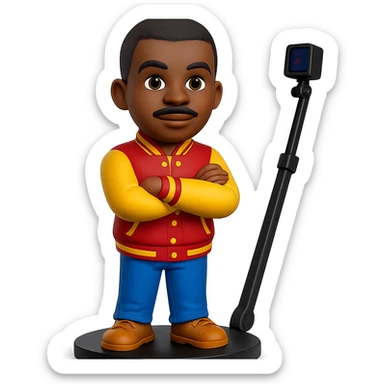Edit the male African American emoji with a letterman jacket, pencil mustache, and arms crossed. Place him in a 3D cartoon style, standing on a 360 spin booth platform with a rotating camera arm visible. Keep the background transparent. The style should resemble a 3D cartoon look with clear details and vibrant colors. sticker