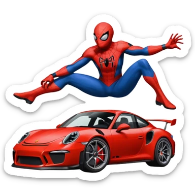Die-cut sticker of Spider-Man sitting on a Porsche 911 GT3 RS, bold vector art, thick white border, isolated on green hilly background. sticker