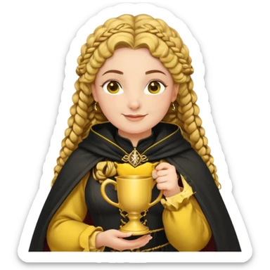 Helga Hufflepuff, 2 curly thick brown braids, yellow-black medieval dress, black cloak decorated with gold braiding, tiny two-handled shiny yellow-gold cup, very kind smile, curvy busty sweet woman, thick rosy cheeks sticker
