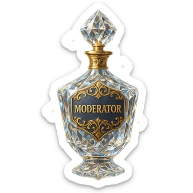 luxurious crystal elixir bottle with the inscription 'Moderator', modern design, lots of shining, facets, ornaments, golden details, magical effects, very small golden neck, transparent background, beautiful seamless bottom, bottle clearly floating in the air without base or shadow, premium class impression, exclusive design matching a collection of crystal, luxurious, magical bottles sticker