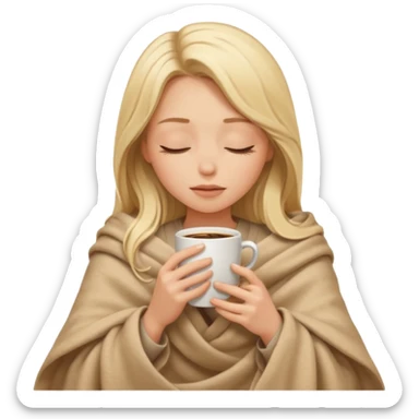 Blonde girl long hair inside a beige blanket sipping coffee eyes closed sticker