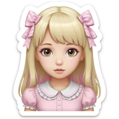 pale girl , who has straight hair medium length blonde and baby pink swirled hair with bangs , grey eyes , and doll like makeup , in a light pink lolita hime gyaru dress emoji | AI Emoji Generator sticker
