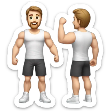 Full height realistic Actively gesturing with hands Pale skinned Fit Man With the biceps and brown hair in dark gray Sleeveless Mike, black oversize sports shorts, watch and white Sneakers sticker