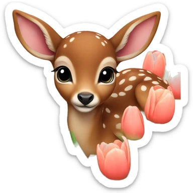 a baby deer laying in a field of tulips sticker