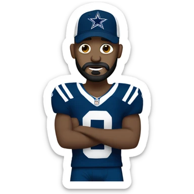 Bald white male with dark brown beard holding dark blue Dallas Cowboys hat. He’s crying because he’s ashamed of being bald  sticker