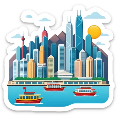Hong Kong Victoria Harbor skyline, simplified emoji style with bold outlines and bright colors, cartoon style city view with tall buildings sticker