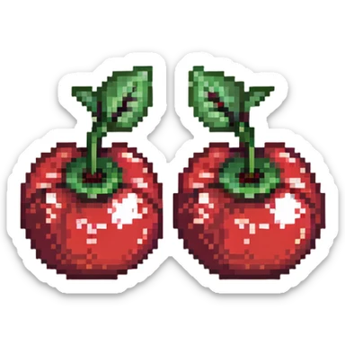 Pixel art of two red cherries with green stem sticker