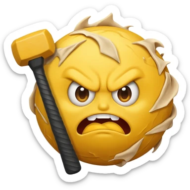 classic yellow emoji ball with scrunched angry face and sledgehammer in hand sticker