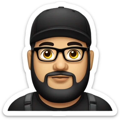 chubby venezuelan programmer with beard, glasses, BLACK hat, airpods with tattoos sticker