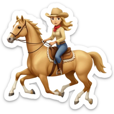 yellow palomino horse running with 4 legs a woman rider with brown hair and a cowboy hat sticker