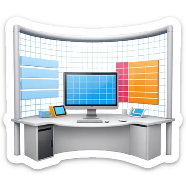 Create an emoji for 3D visualization and modeling. Show a 3D object? like room model with grid lines and a modeling tool (e.g., a mouse or stylus) on a big curved monitor. Use modern, professional colors. Do not include any emojis or smiley faces. Make the background transparent. sticker