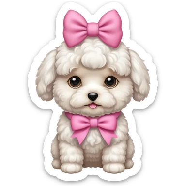 A white maltipoo with a pink Bow  sticker