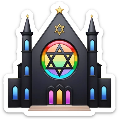 jewish synagogue temple in dark goth aesthetic style with black building and rainbow tint glass windows and star of david and celestial symbolism of peace and acceptance  sticker