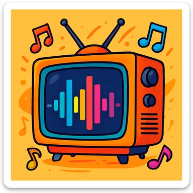 A classic CRT television with an audio waveform on the screen, surrounded by floating musical notes, lively and dynamic, vibrant toon style sticker