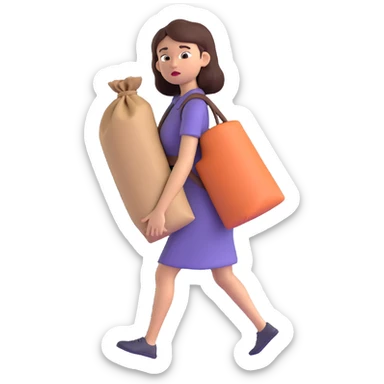 woman straining with a difficult expression carrying something very heavy on her back sticker