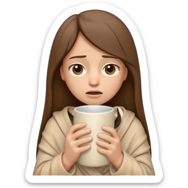 emoji-style illustration of a sad crying woman with long straight brown hair, wrapped in a cozy beige blanket, holding a mug cup, minimalistic look, front-facing, soft 3D cartoon rendering, plain background sticker