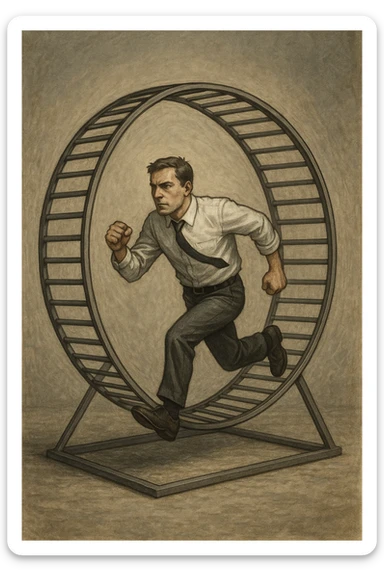 uomo che corre dentro la ruota del criceto come un circolo vizioso sticker