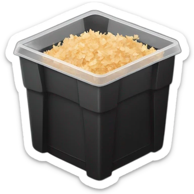Black cubic plastic container with wood shavings inside sticker