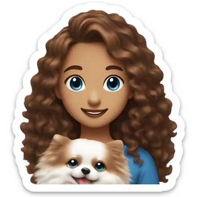Girl long curly brown hair smiling and blue eyes and holding a white pomeranian in her arms sticker