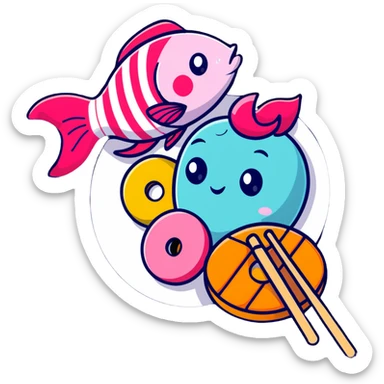 A cute arrangement of red apple, fish cake with pink swirl, rice cracker, and tri-colored dango skewer as a food snack collection sticker