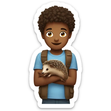 A boy holding a hedgehog sticker