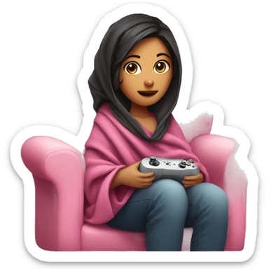 girl with dark hair wrapped up in a blanket sitting on a couch with a pink gaming controller in her hands sticker
