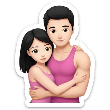 a pretty bratz fair girl. black hair, wearing a pink cami top hugging a handsome fair guy with black hair. lean but muscular who is wearing a black tshirt sticker