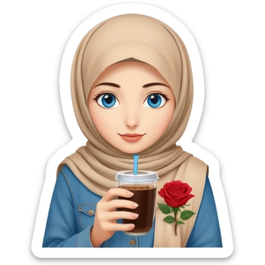 Turkish beautiful finish Konya girl blue eyes with beige denim hijab islamic dress and had on her hand Rose Cold brew coffee   sticker